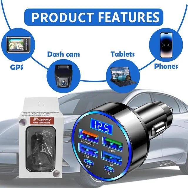 Alt view image 6 of 7 - 6 Port Fast USB Car Charger (PD+QC3.0),Cigarette Lighter USB Charger with LED Digital Display,Universal Car Charger Adapter Car Accessories Interior for Most 12V/24V Vehicles