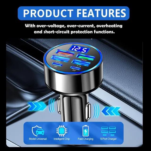 Alt view image 4 of 7 - 6 Port Fast USB Car Charger (PD+QC3.0),Cigarette Lighter USB Charger with LED Digital Display,Universal Car Charger Adapter Car Accessories Interior for Most 12V/24V Vehicles