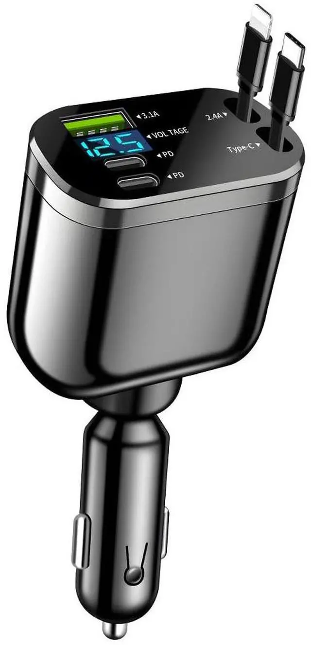 Main image of Retractable 4-in-1 Car Charger with Dual USB-C Cables