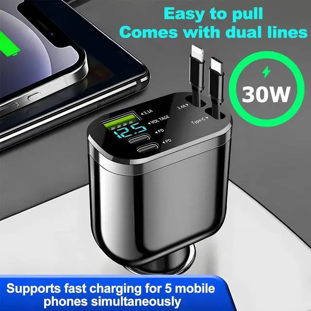 Alt view image 5 of 6 - Retractable 4-in-1 Car Charger with Dual USB-C Cables
