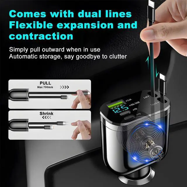 Alt view image 2 of 6 - Retractable 4-in-1 Car Charger with Dual USB-C Cables