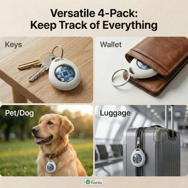 Alt view image 5 of 7 - 4 Pack Bluetooth Tracker Tags for Apple Find My MFi Certified Key Finder | No Subscription Required Replaceable Battery Loud Alarm Water-Resistant Air Tracker Tags for Keys Wallets Luggage and Pets