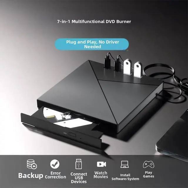 Alt view image 3 of 7 - 7in1 USB 3.0 & TypeC External DVD Drive Portable CD/DVD Burner Reader Writer with SD/TF Card Slots, 2 USB Ports, 2 TypeC Ports, PlugandPlay, Silent 30dB Operation, Compatible with Laptop, PC,