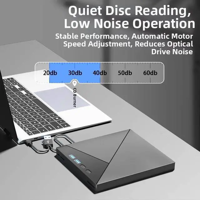 Alt view image 2 of 7 - 7in1 USB 3.0 & TypeC External DVD Drive Portable CD/DVD Burner Reader Writer with SD/TF Card Slots, 2 USB Ports, 2 TypeC Ports, PlugandPlay, Silent 30dB Operation, Compatible with Laptop, PC,