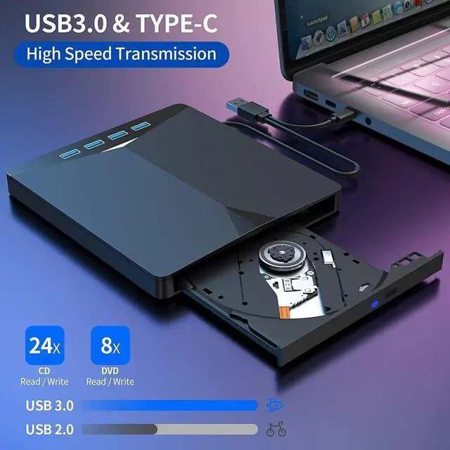 Alt view image 7 of 7 - 7in1 USB 3.0 & TypeC External DVD Drive Portable CD/DVD Burner Reader Writer with SD/TF Card Slots, 2 USB Ports, 2 TypeC Ports, PlugandPlay, Silent 30dB Operation, Compatible with Laptop, PC,