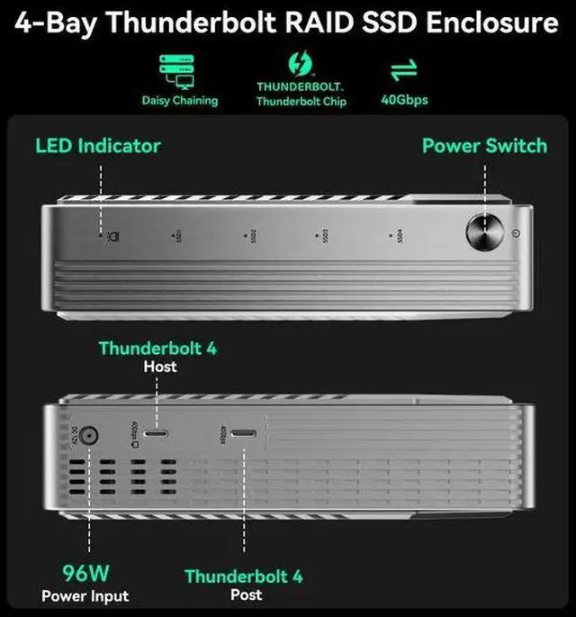 Alt view image 2 of 7 - Acasis 4 Bay 40Gbps M.2 NVMe RAID SSD Enclosure, Thunderbolt 4/3 & USB4 External Hard Drive Box, Supports 32TB Expansion, Software RAID Modes, Active Cooling Fan, Tool-Free Magnetic Design for PC Desk