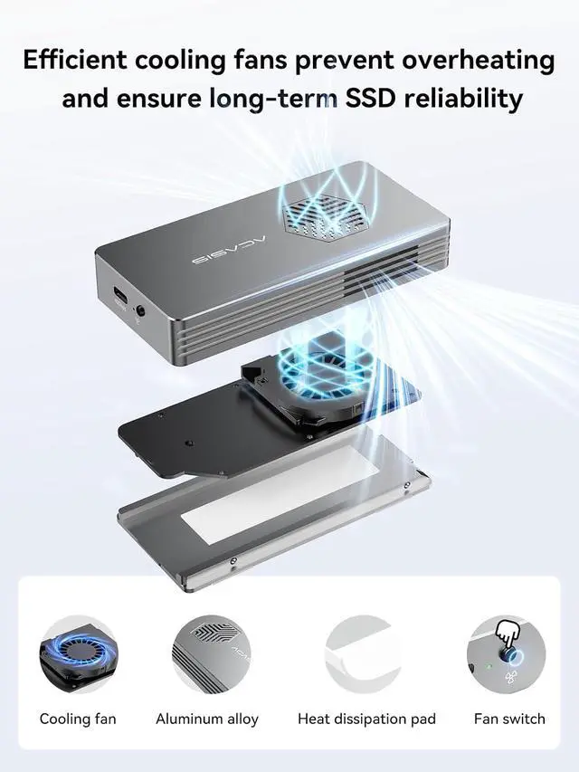 Alt view image 2 of 7 - ACASIS 40Gbps M.2 NVMe SSD Enclosure with Active Cooling Fan, JHL7440 Chip Compatible with Thunderbolt 4/3 & USB4, External NVMe Box for PC Gaming/Windows/Mac Support 2280/2260/2242/2230, Up to 8TB
