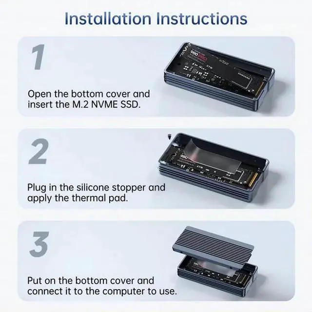 Alt view image 5 of 7 - ACASIS 40Gbps M.2 NVMe SSD Enclosure for Thunderbolt 4/3 & USB4 Tool-Free Installation, Aluminum Heat Sink, Fanless Noiseless Design, Supports 2280/2260/2242/2230 SSDs (Up to 8TB, SSD Not Included)