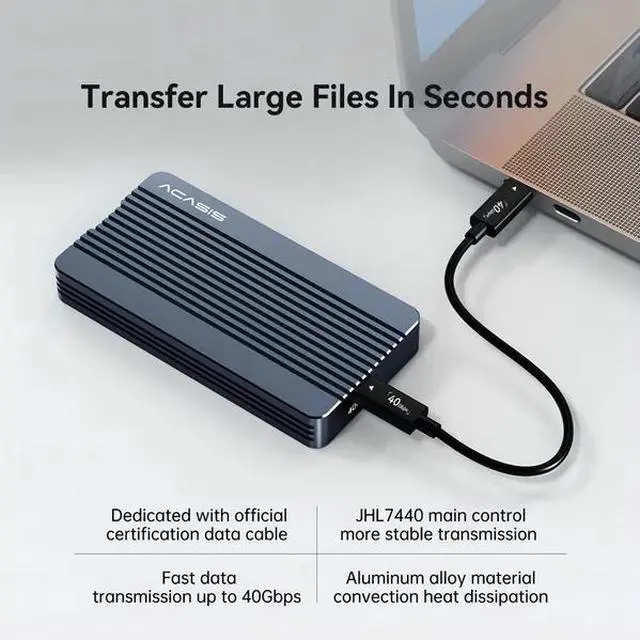 Alt view image 2 of 7 - ACASIS 40Gbps M.2 NVMe SSD Enclosure for Thunderbolt 4/3 & USB4 Tool-Free Installation, Aluminum Heat Sink, Fanless Noiseless Design, Supports 2280/2260/2242/2230 SSDs (Up to 8TB, SSD Not Included)