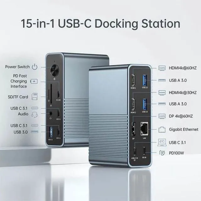 Alt view image 3 of 7 - ACASIS 15-in-1 USB C Docking Station Dual Monitor - 2xHDMI+DP, 2xUSB-C 10Gbps, 3xUSB-A 5Gbps, SD/TF, 100W PD, Ethernet for Windows/MacOS