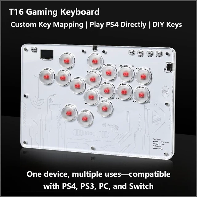Alt view image 2 of 7 - 16-Key Fighting Keyboard for PS5/Switch/PC, Arcade Stick for Street Fighter 6/Tekken 8/MK11, Hot-Swap Red Switches, RGB, SOCD, XInput/DInput, Type-C Wired