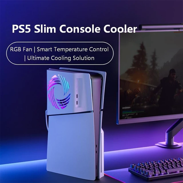 Alt view image 3 of 7 - Aolion PS5 Slim/PS5 Pro Cooling Fan, Smart Temp Control RGB Side Fan, 3-Speed Quiet Cooler, USB 2.0 Hub for Dual Controller Charging