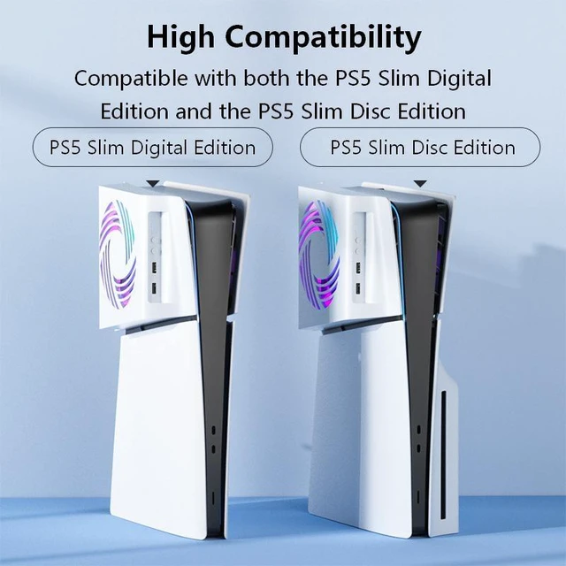 Alt view image 4 of 7 - Aolion PS5 Slim/PS5 Pro Cooling Fan, Smart Temp Control RGB Side Fan, 3-Speed Quiet Cooler, USB 2.0 Hub for Dual Controller Charging
