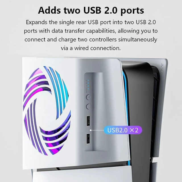Alt view image 2 of 7 - Aolion PS5 Slim/PS5 Pro Cooling Fan, Smart Temp Control RGB Side Fan, 3-Speed Quiet Cooler, USB 2.0 Hub for Dual Controller Charging