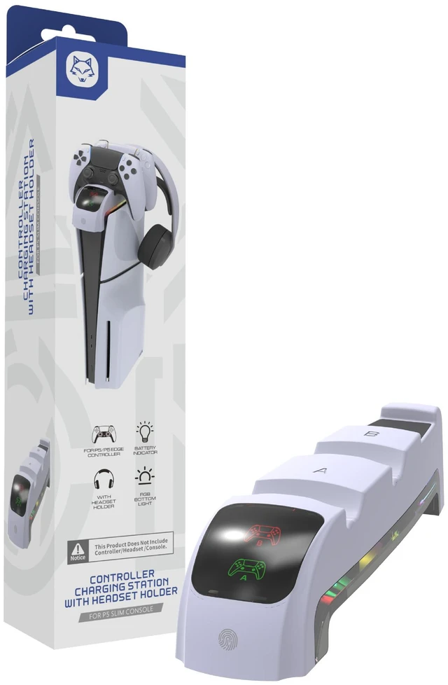 Main image of TOPWOLF Charging Dock for PS5 Slim & PS5 Edge Controllers, Dual Contact Charging Station with LED Indicator, Type-C 5V/2A, 2.5H Fast Charge, Touch Light Modes, Desk or Console Top Mount