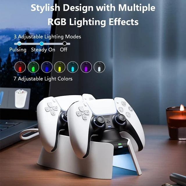 Alt view image 3 of 6 - LinYuvo PS5 Controller Charging Dock, Dual Fast Charger & Storage Display Stand with RGB Ambient Light, 3-Hour Charge, Type-C Touch Charging for 2 PS5 Controllers
