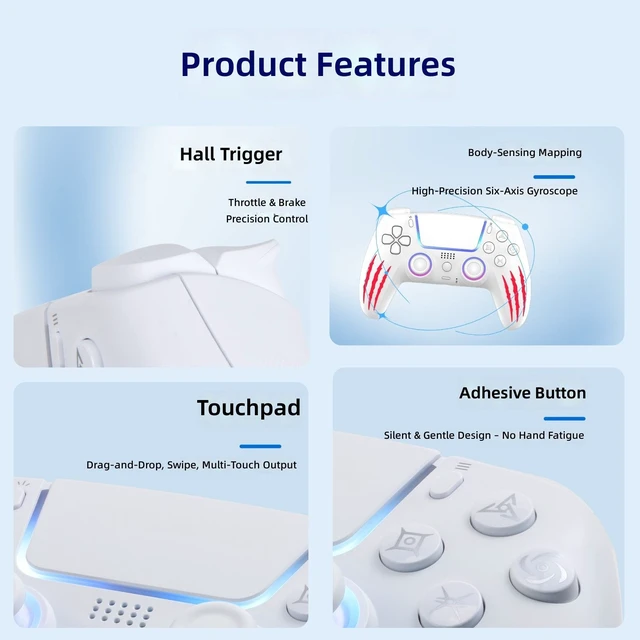 Alt view image 6 of 7 - LinYuvo Wireless RGB Controller for PS5/PC/Android/iOS, Hall Effect Triggers, Touchpad, 6-Axis Motion, Back Buttons, Bluetooth & Wired Gamepad