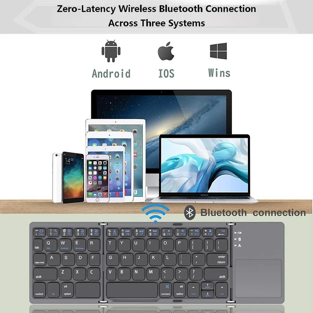 Alt view image 3 of 7 - 3-Fold Wireless Bluetooth Keyboard with Touchpad, Portable Mini Keyboard Mouse Combo, 64 Keys, Rechargeable, for iPad/iPhone/Android/Windows/Mac