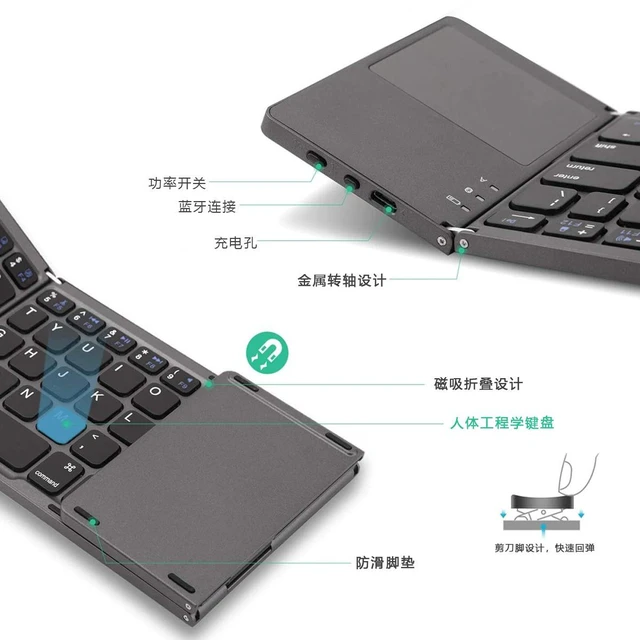 Alt view image 2 of 7 - 3-Fold Wireless Bluetooth Keyboard with Touchpad, Portable Mini Keyboard Mouse Combo, 64 Keys, Rechargeable, for iPad/iPhone/Android/Windows/Mac