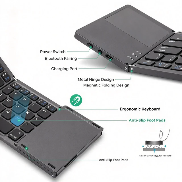 Alt view image 4 of 7 - 3-Fold Wireless Bluetooth Keyboard with Touchpad, Portable Mini Keyboard Mouse Combo, 64 Keys, Rechargeable, for iPad/iPhone/Android/Windows/Mac