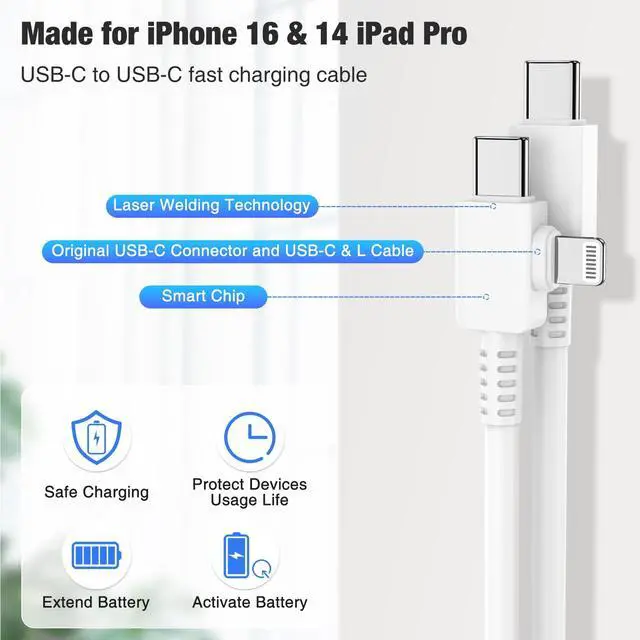 Alt view image 3 of 7 - 2 in 1 iPhone Fast Charger Cable 10ft, Long Type C to C Charging Cord/USB C to Lightning for Apple iPhone 17 Pro Max/17 Air/16 Pro Max/16/15 Plus/14 Pro/13/12 Mini/11/XS/XR/X/8/7 Plus/iPad Air/MacBook