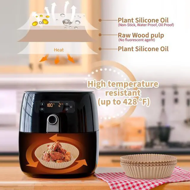 Alt view image 2 of 6 - 100Pcs Air Fryer Disposable Paper Liner, Non-stick Air Fryer Airfryer Parchment Paper Liners Round, Grease Proof Bakery Baking Paper for Air fryer Basket Roasting, Oil-proof, Food Grade (6.3 Inch)