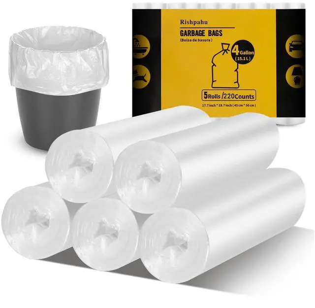 Main image of 220Counts Small Trash Bags 4 Gallon, Flexible & Durable Small Garbage Bags, Unscented & Easy Tearing 4 Gallon Trash Bag for Kitchen, Bathroom, Bedroom, Office, Transparent,0.3Mil
