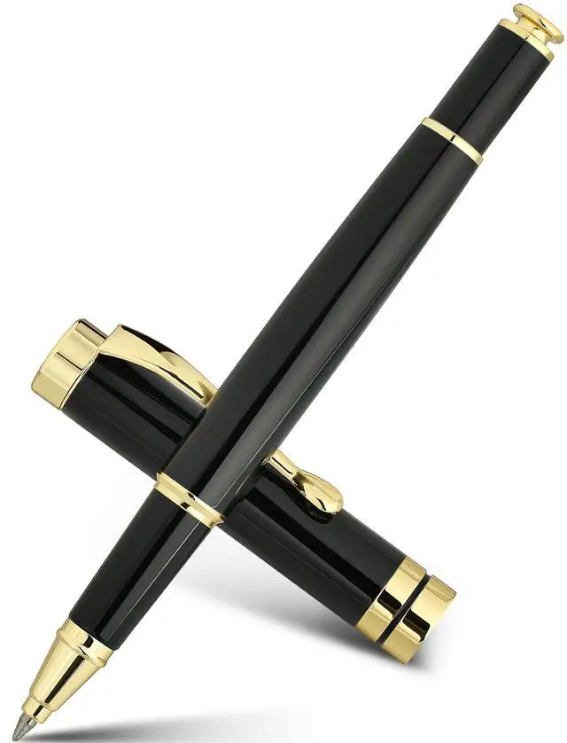 Main image of Ballpoint Pens, Stunning Black Chrome Metal Pen with Golden Trim, Best Ball Pen Gift Set for Men & Women, Professional, Executive, Office, Nice Pens-Gift Box with 0.5mm Black Extra Refill