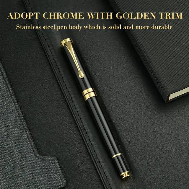 Alt view image 3 of 7 - Ballpoint Pens, Stunning Black Chrome Metal Pen with Golden Trim, Best Ball Pen Gift Set for Men & Women, Professional, Executive, Office, Nice Pens-Gift Box with 0.5mm Black Extra Refill