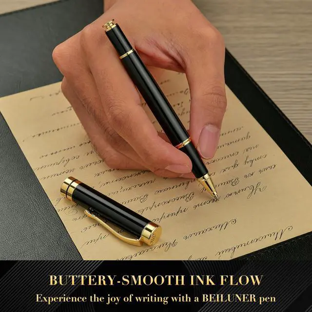 Alt view image 4 of 7 - Ballpoint Pens, Stunning Black Chrome Metal Pen with Golden Trim, Best Ball Pen Gift Set for Men & Women, Professional, Executive, Office, Nice Pens-Gift Box with 0.5mm Black Extra Refill