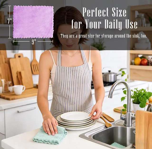 Alt view image 2 of 7 - 24 Pack Kitchen Dishcloths - Does Not Shed Fluff - Reusable Dish Towels, Dish cloths, Super Absorbent Coral Fleece Cleaning Cloths, Nonstick Oil Washable Fast Drying, 7 x 9 Inch (Multicolor)