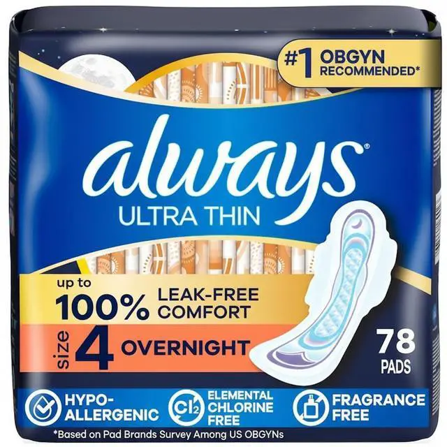 Main image of Ultra Thin Overnight Pads with Wings, Size 4, Overnight, 78 Count (3 Packs of 26)