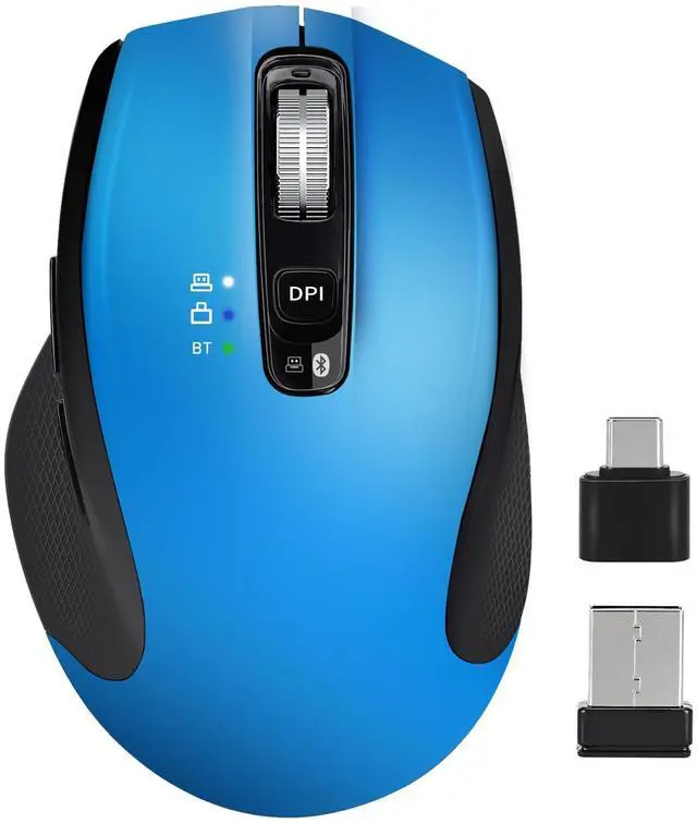 Main image of Wireless Bluetooth Mouse with USB-A, USB-C Receiver, Rechargeable, 3-Device, Full-Size, Silent Click, Ergonomic Mice for MacBook/Laptop/Computer/Tablet/PC/iPad-Blue