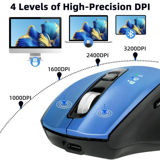 Alt view image 3 of 7 - Wireless Bluetooth Mouse with USB-A, USB-C Receiver, Rechargeable, 3-Device, Full-Size, Silent Click, Ergonomic Mice for MacBook/Laptop/Computer/Tablet/PC/iPad-Blue