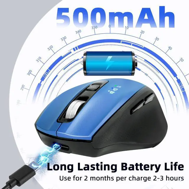 Alt view image 4 of 7 - Wireless Bluetooth Mouse with USB-A, USB-C Receiver, Rechargeable, 3-Device, Full-Size, Silent Click, Ergonomic Mice for MacBook/Laptop/Computer/Tablet/PC/iPad-Blue