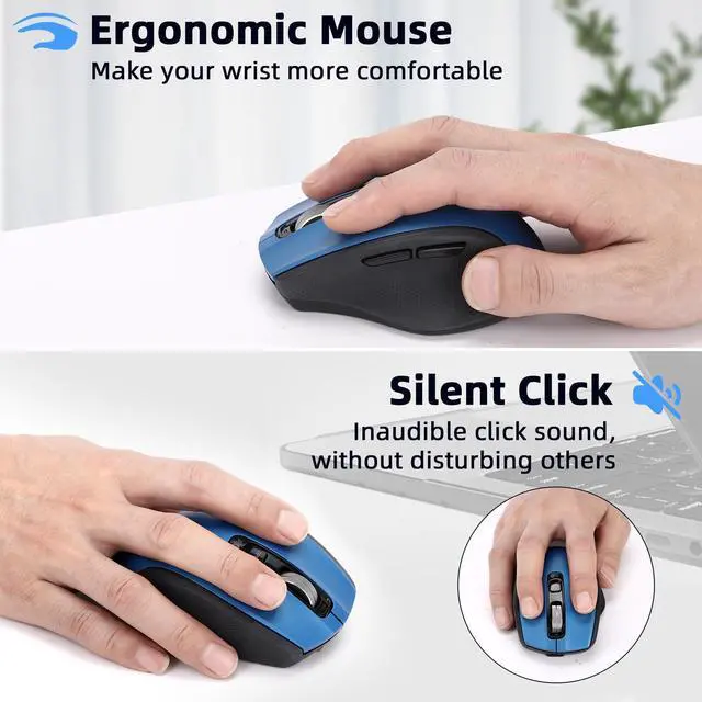 Alt view image 2 of 7 - Wireless Bluetooth Mouse with USB-A, USB-C Receiver, Rechargeable, 3-Device, Full-Size, Silent Click, Ergonomic Mice for MacBook/Laptop/Computer/Tablet/PC/iPad-Blue