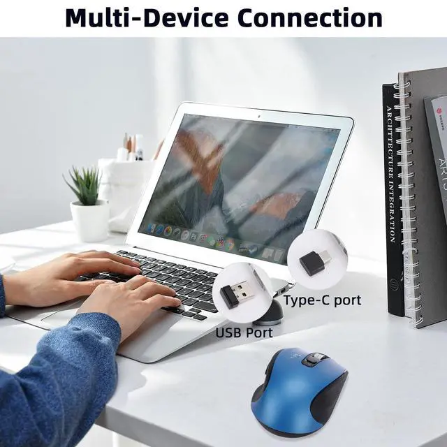 Alt view image 6 of 7 - Wireless Bluetooth Mouse with USB-A, USB-C Receiver, Rechargeable, 3-Device, Full-Size, Silent Click, Ergonomic Mice for MacBook/Laptop/Computer/Tablet/PC/iPad-Blue