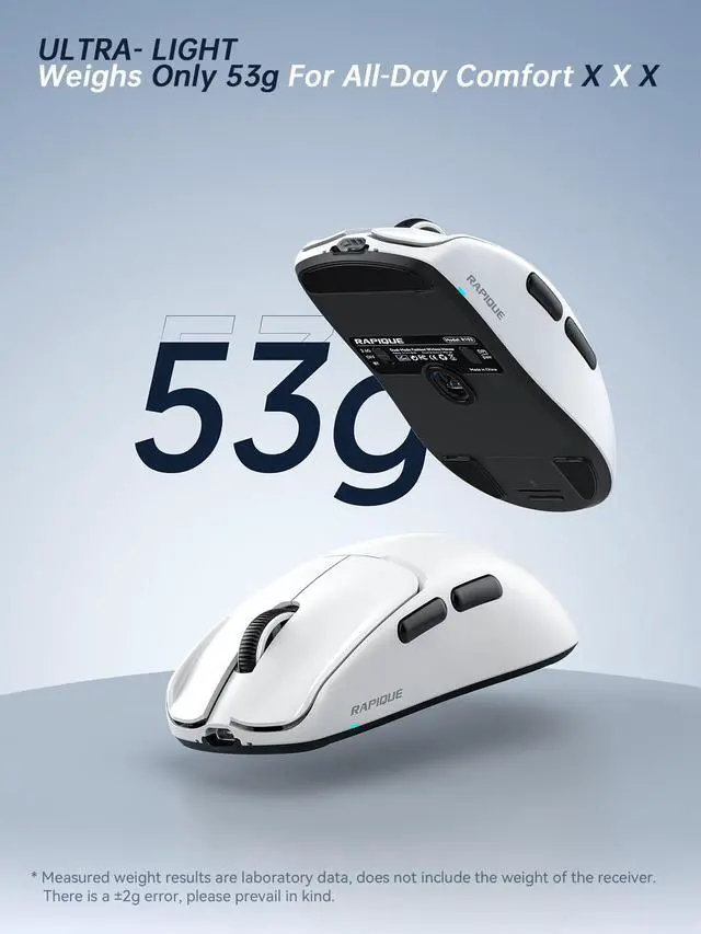 Alt view image 2 of 7 - Ultra-Light Wireless Mouse 53g Featherweight, Silent Click, Dual Mode Bluetooth5.1 & 2.4GHz, Side Buttons, USBC Recharge, 3-Speed DPI, for Desktop/Laptops/Computer/Mac/PC(White)