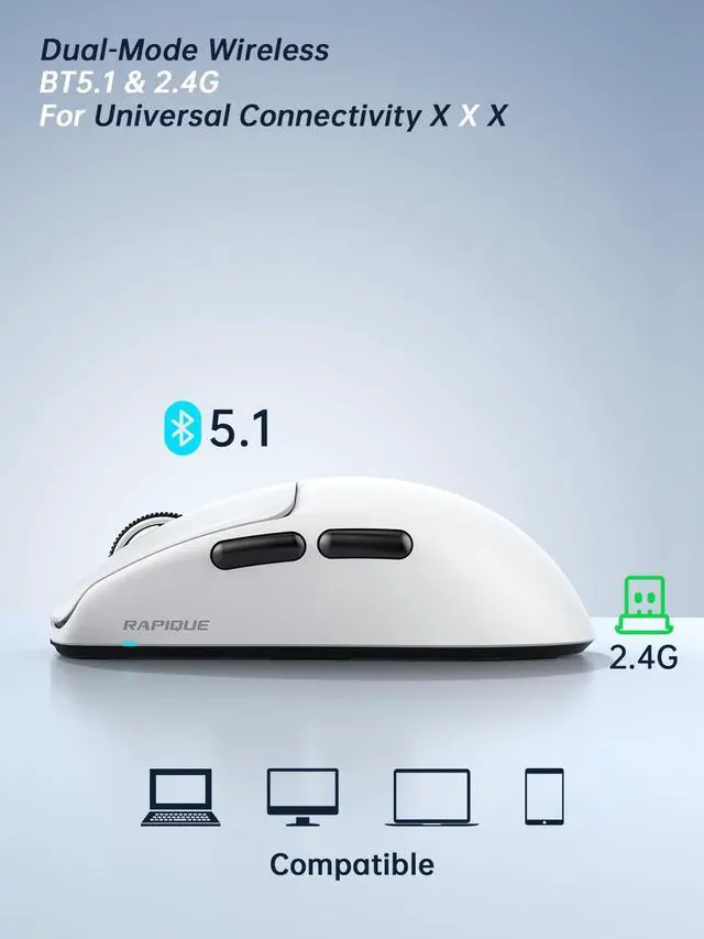 Alt view image 3 of 7 - Ultra-Light Wireless Mouse 53g Featherweight, Silent Click, Dual Mode Bluetooth5.1 & 2.4GHz, Side Buttons, USBC Recharge, 3-Speed DPI, for Desktop/Laptops/Computer/Mac/PC(White)