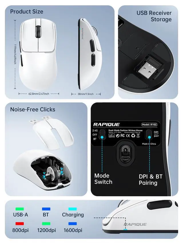 Alt view image 7 of 7 - Ultra-Light Wireless Mouse 53g Featherweight, Silent Click, Dual Mode Bluetooth5.1 & 2.4GHz, Side Buttons, USBC Recharge, 3-Speed DPI, for Desktop/Laptops/Computer/Mac/PC(White)