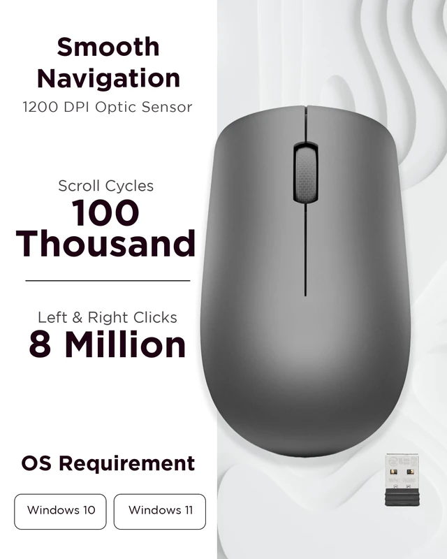 Alt view image 3 of 7 - 530 Full Size Wireless Computer Mouse for PC, Laptop, Computer with Windows - 2.4 GHz Nano USB Receiver - Ambidextrous Design - 12 Months Battery Life - Graphite Grey