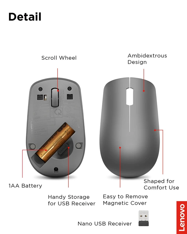 Alt view image 6 of 7 - 530 Full Size Wireless Computer Mouse for PC, Laptop, Computer with Windows - 2.4 GHz Nano USB Receiver - Ambidextrous Design - 12 Months Battery Life - Graphite Grey
