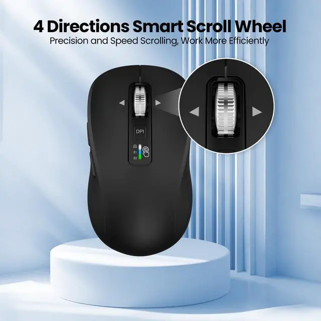 Alt view image 2 of 7 - Wireless Bluetooth Mouse, 3-Device Multi-Mode (USB + 2 Bluetooth), 4-Way Metal Scroll Wheel, Adjustable DPI, Silent Click, Long Battery Life, Ergonomic Mouse for Laptop, PC, Mac, iPad (Black, 9)