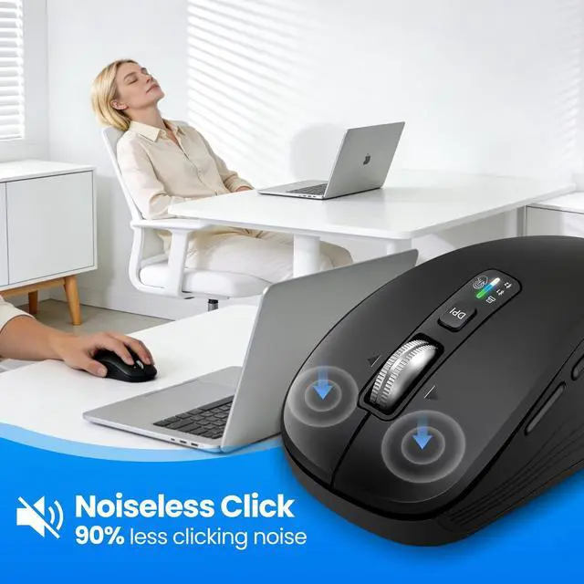 Alt view image 3 of 7 - Wireless Bluetooth Mouse, 3-Device Multi-Mode (USB + 2 Bluetooth), 4-Way Metal Scroll Wheel, Adjustable DPI, Silent Click, Long Battery Life, Ergonomic Mouse for Laptop, PC, Mac, iPad (Black, 9)