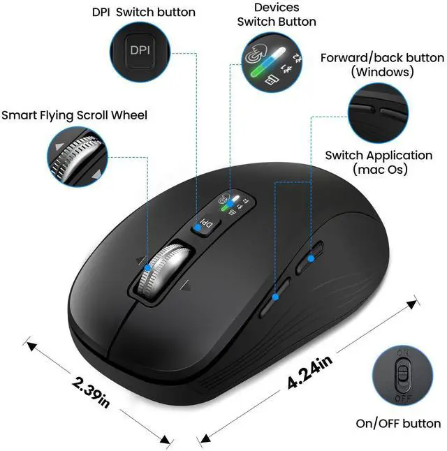 Alt view image 4 of 7 - Wireless Bluetooth Mouse, 3-Device Multi-Mode (USB + 2 Bluetooth), 4-Way Metal Scroll Wheel, Adjustable DPI, Silent Click, Long Battery Life, Ergonomic Mouse for Laptop, PC, Mac, iPad (Black, 9)