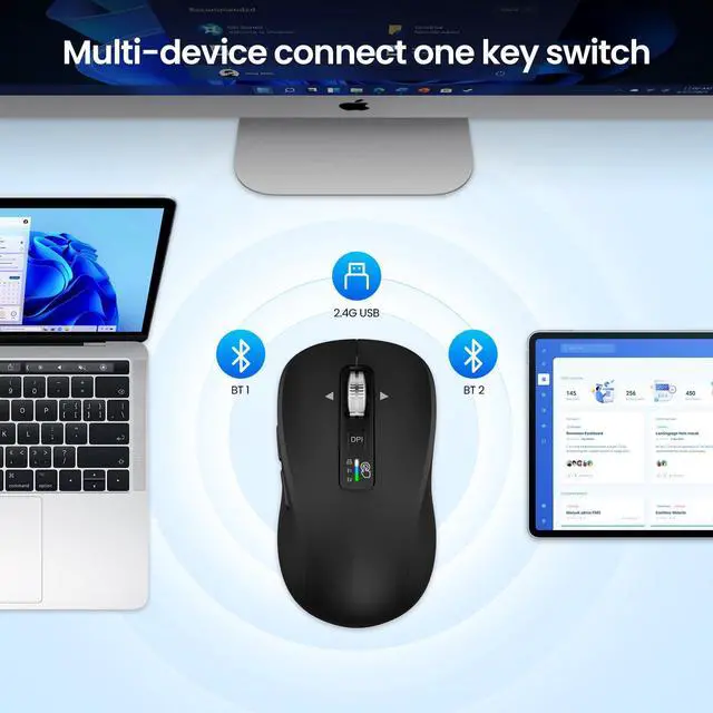 Alt view image 6 of 7 - Wireless Bluetooth Mouse, 3-Device Multi-Mode (USB + 2 Bluetooth), 4-Way Metal Scroll Wheel, Adjustable DPI, Silent Click, Long Battery Life, Ergonomic Mouse for Laptop, PC, Mac, iPad (Black, 9)