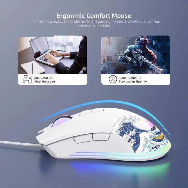 Alt view image 5 of 6 - Wired Gaming Mouse, 12400 DPI RGB Mouse with RGB Backlit Modes & 7 Macro Buttons, PC Gaming Mice Support DIY Keybinding, Gamer Computer Mice for Laptop PC Mac Windows(G705 Kanagawa)