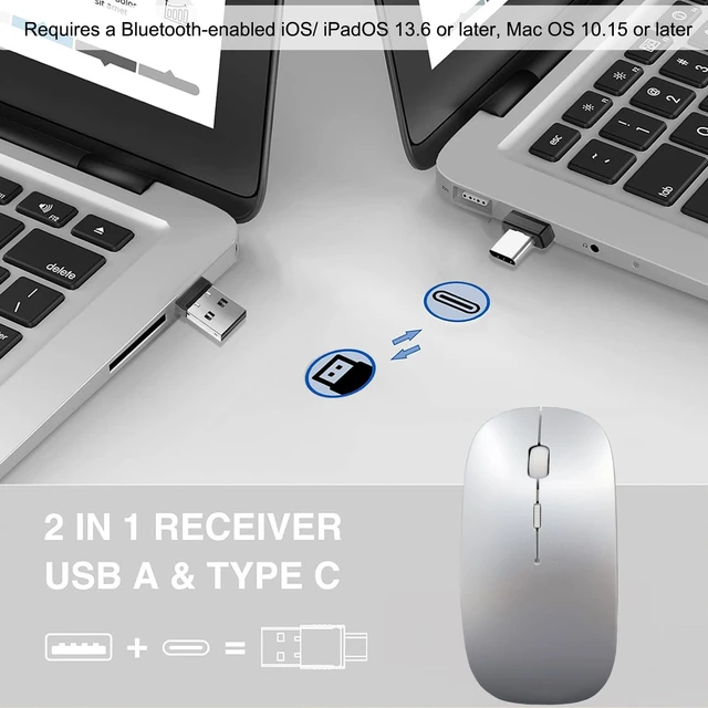 Alt view image 2 of 6 - Wireless Mouse for MacBook Air iMac Mac Pro Laptop Desktop Computer, Rechargeable Silent Wireless Mouse USB C with Jiggler for Surface Pro (Bluetooth 5.2/3.0, 2.4G USB A, Type-C Receiver)
