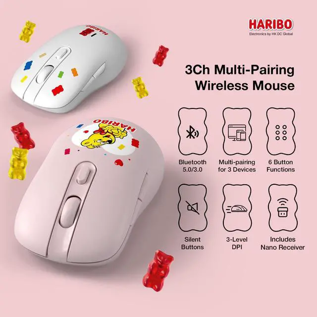 Alt view image 2 of 7 - Haribo Wireless Mouse, Bluetooth 3.0/5.0 & 2.4GHz, Adjustable DPI, Multi-Device Pairing, Compact Gummy Bear Style for Laptop, Desktop, PC