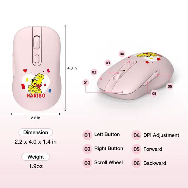 Alt view image 5 of 7 - Haribo Wireless Mouse, Bluetooth 3.0/5.0 & 2.4GHz, Adjustable DPI, Multi-Device Pairing, Compact Gummy Bear Style for Laptop, Desktop, PC